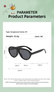 Size chart for kids vintage oval sunglasses with PC frame and AC lens dimensions