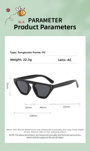Detailed size chart for kids retro cat eye sunglasses with frame and lens dimensions