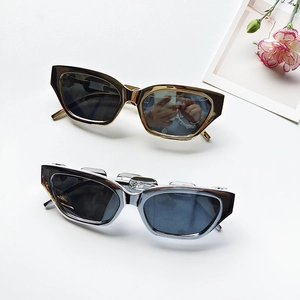Détail de lunettes de soleil ovales rétro avec monture métallique et charnières or et argent