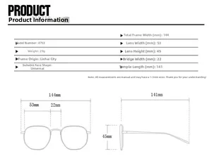 Größentabelle für quadratische Sonnenbrillen mit 144mm Breite und 53mm Glasbreite