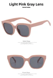 Vorder- und Seitenansicht der hellrosa Übergroße Sonnenbrille mit grauen Gläsern