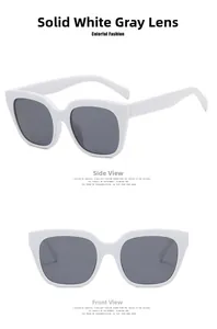 Vorder- und Seitenansicht der weißen quadratischen Oversize-Sonnenbrille mit grauen Gläsern