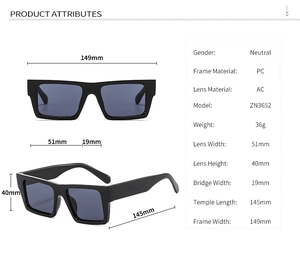 Detailed technical diagram showing dimensions and specifications of square sunglasses