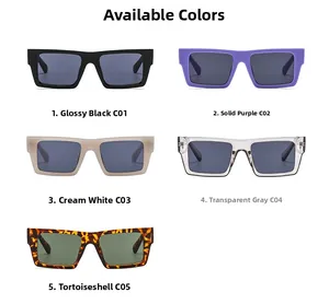 Flat lay of retro rectangular sunglasses in five colors including black and tortoiseshell