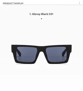 Close-up of classic square black frame sunglasses with dark grey lenses in bright finish