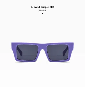 Front view of solid purple rectangular sunglasses with dark grey lenses in retro style