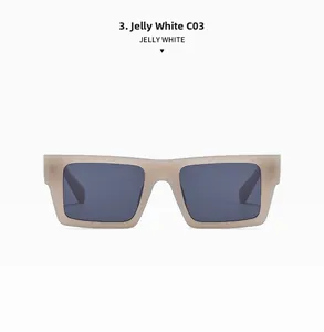 Front close-up of rectangular jelly white matte sunglasses with dark grey lenses
