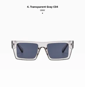 Detailed front view of transparent gray rectangle sunglasses with dark gray lenses