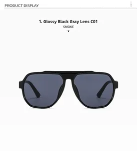 Detail view of large pilot sunglasses in glossy black frame with dark smoke gray lenses