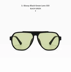 Detail of C03 large retro sunglasses with polished black frames and dark green lenses