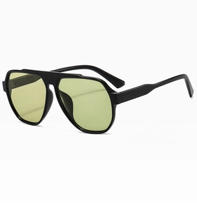 Detail view of retro oversized black aviator sunglasses with clear yellow tinted lenses