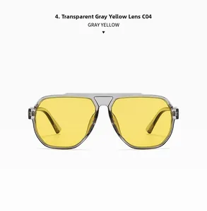 Front view of aviator sunglasses with transparent gray frame and yellow tinted lenses