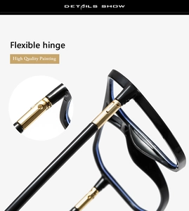 Detail view of flexible gold hinges and high quality black painting on optical frames