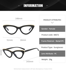 Detailed size chart for retro cat eye sunglasses with metal and PC frame dimensions