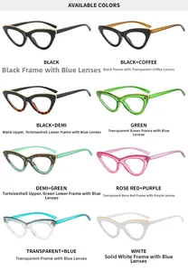 Cat-eye anti-blue light glasses displayed in eight vibrant color options on white background