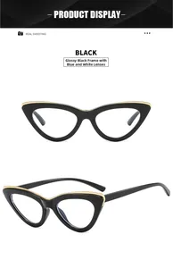 Detailed view of cat-eye frames with glossy black finish and gold metal accents