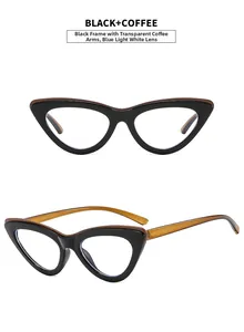 Detail view of cat-eye frames in black and transparent coffee with anti-blue light lenses