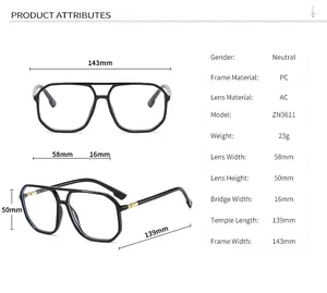 Detailed size chart for polygon frame glasses showing dimensions of the PC frame and AC lens
