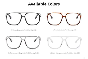 Detail view of double bridge eyeglass frames in black, tortoiseshell, grey, and clear