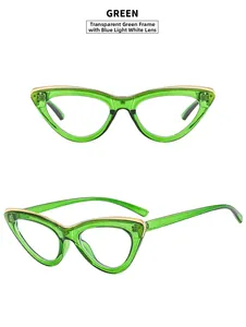 Detail view of transparent green cat-eye frames with gold trim and blue light blocking lenses