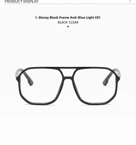 Front view of black double-bridge aviator frames with anti-blue light clear lenses