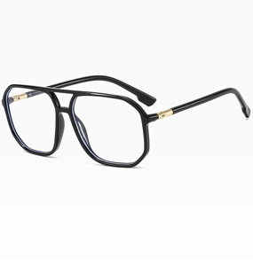 Detail of polygonal black glasses frame featuring decorative golden metal hinges