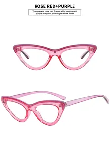 Detail of cat eye glasses in rose red and purple frame with anti-blue light lenses