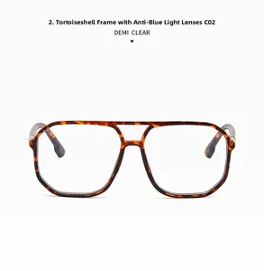 Detail of demi clear double bridge eyeglass frame with anti-blue light lenses