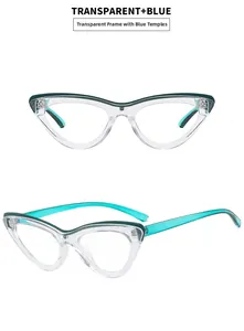 Detail view of transparent cat eye frame with blue temples and blue light blocking lenses