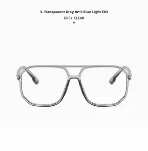 Detail of grey clear polygonal glasses with dual bridge and anti-blue light lenses C03