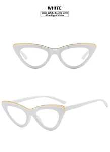 Detail view of solid white cat-eye glasses with golden top trim and anti-blue light lenses