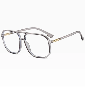 Detail of transparent grey pilot glasses frame with elegant golden metal hinge accents