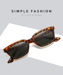 Detail view of stylish square tortoiseshell sunglasses on a geometric display stand