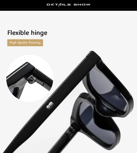 Detail of high quality painting and flexible metal hinge on black square sunglasses