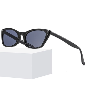 Lunettes de soleil œil de chat noires avec accents argentés sur support géométrique