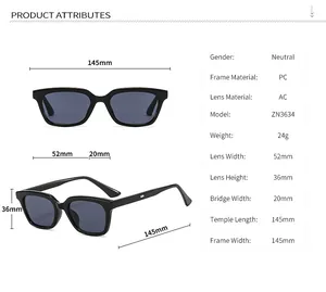Detailed technical specification table showing frame size and lens dimensions for sunglasses