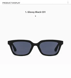 Detail view of glossy bright black square frame sunglasses with dark grey C01 lenses