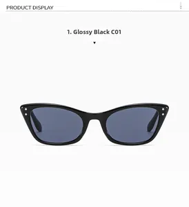 Détail de lunettes de soleil œil-de-chat noires avec rivets argentés et verres foncés