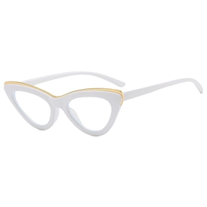 Retro cat-eye sunglasses with white frames and gold metal trim in a 45-degree side view