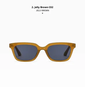 Detail shot of jelly brown square sunglasses with high-quality resin frame and gray lenses