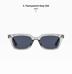 Front view of transparent grey square frame sunglasses with dark grey lenses and retro design