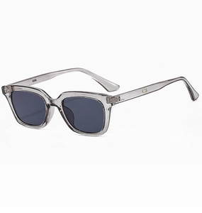 Detail of square gray translucent sunglasses frame with subtle metal temple accents