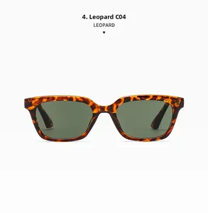 Detailed close-up of fashion rectangle leopard sunglasses with dark grey UV lenses