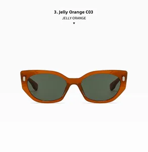 Detail der gelly-orangen Cat-Eye-Sonnenbrille mit Silberakzenten und dunklen Gläsern