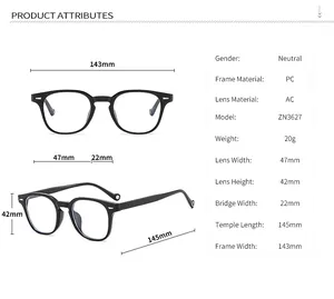 Detailed sizing chart and specifications for blue light blocking glasses frame