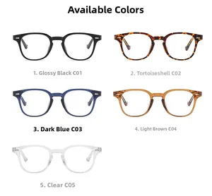Blue light blocking glasses frames in five colors: black, tortoiseshell, blue, tea, and clear