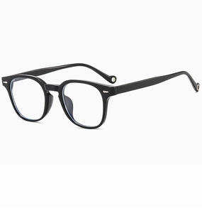 Detail of trendy black round full-rim blue light blocking glasses with glossy finish