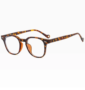 Detail of retro tortoiseshell eyeglass frames with round metal temple tip accents