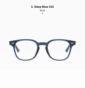 Detail view of deep blue square eyeglass frame C03 with premium polished finish