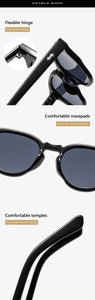Detail view of round sunglasses with flexible metal hinges and comfortable nose pads